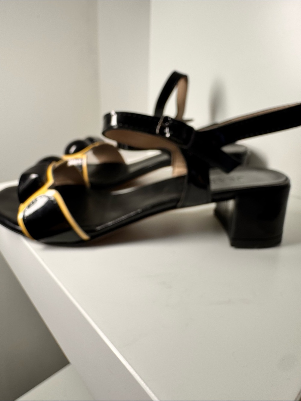 Jeannot, Black Patent Low Block Heel Sandals with Yellow Trim